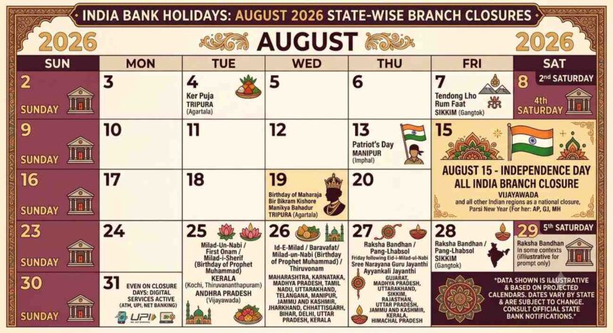 Bank holidays in August 2026: Check the full state-wise list of branch closures